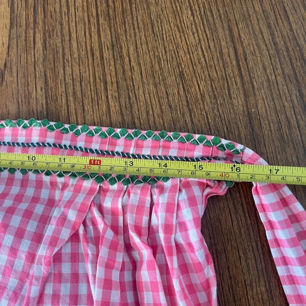 Vtg Pink & White Gingham Check Apron w/ Hand Stitched Embroidery Rick Rack‎ Trim